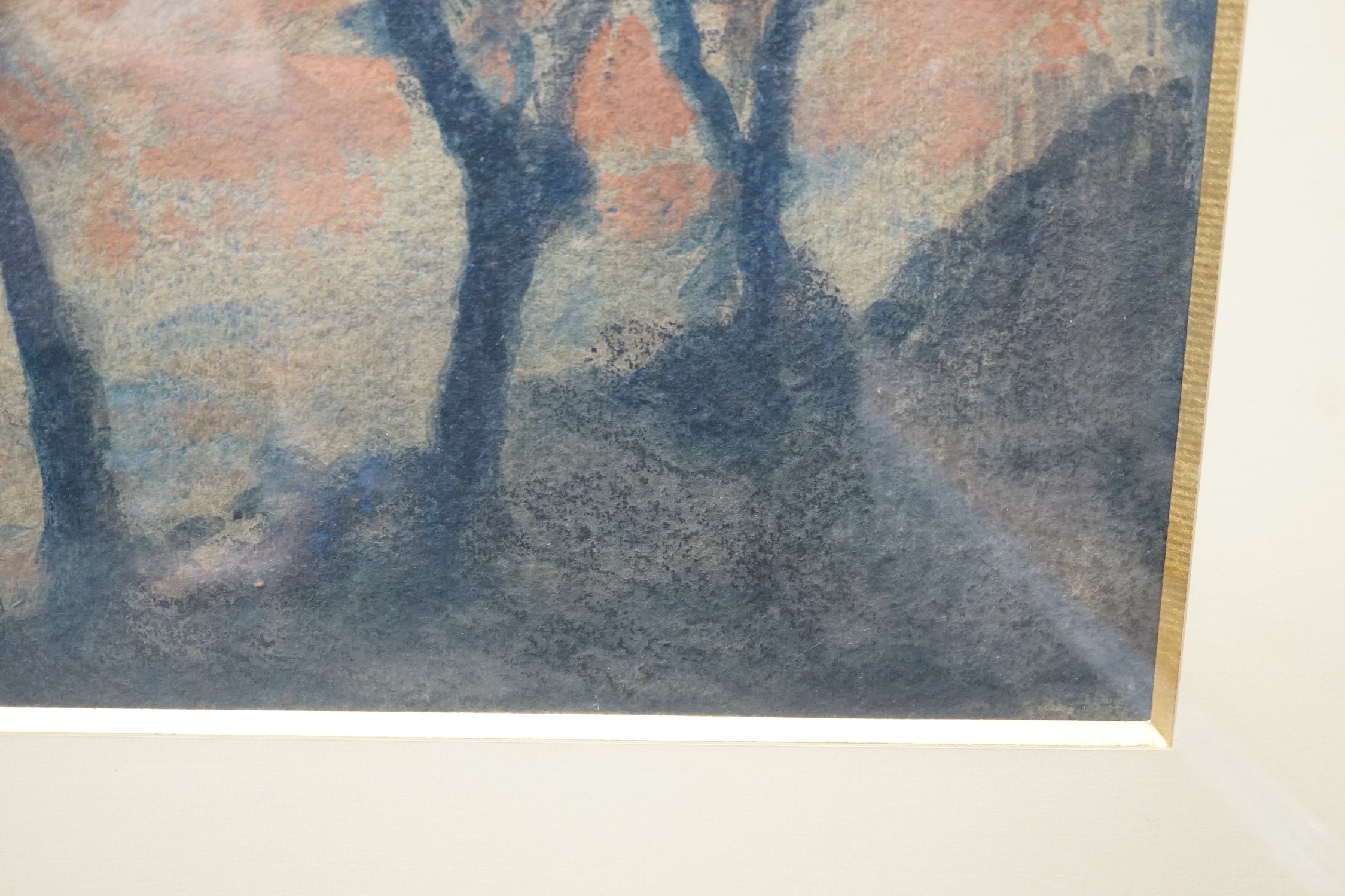 Attributed to Jean-Francis Auburtin (1866-1930), watercolour, ‘Arbes Au Soleil Couchant’, Galerie De la Poste label verso, 34 x 50cm